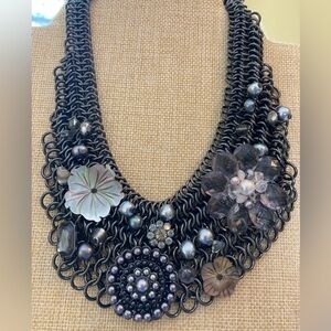 Gun Metal Mesh Bib Necklace‎ with Faux Pearls & Flowers Statement